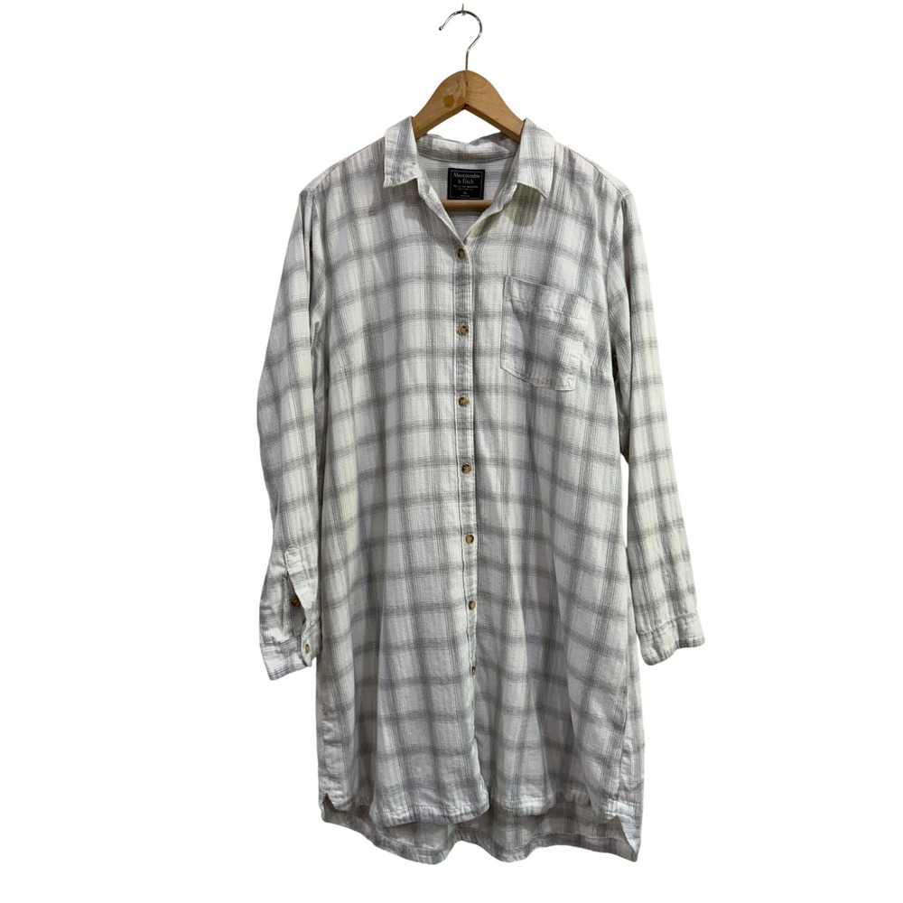 Abercrombie & Fitch Womens XL White Gray Plaid Flannel Button Down Shirt Dress